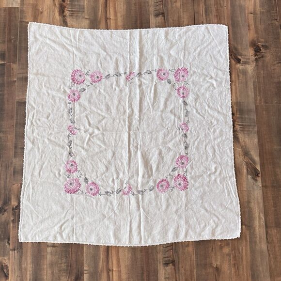 Vintage Hand Stitched Embroidered Floral Square Tablecloth 42”x40” Cottagecore - Picture 1 of 8